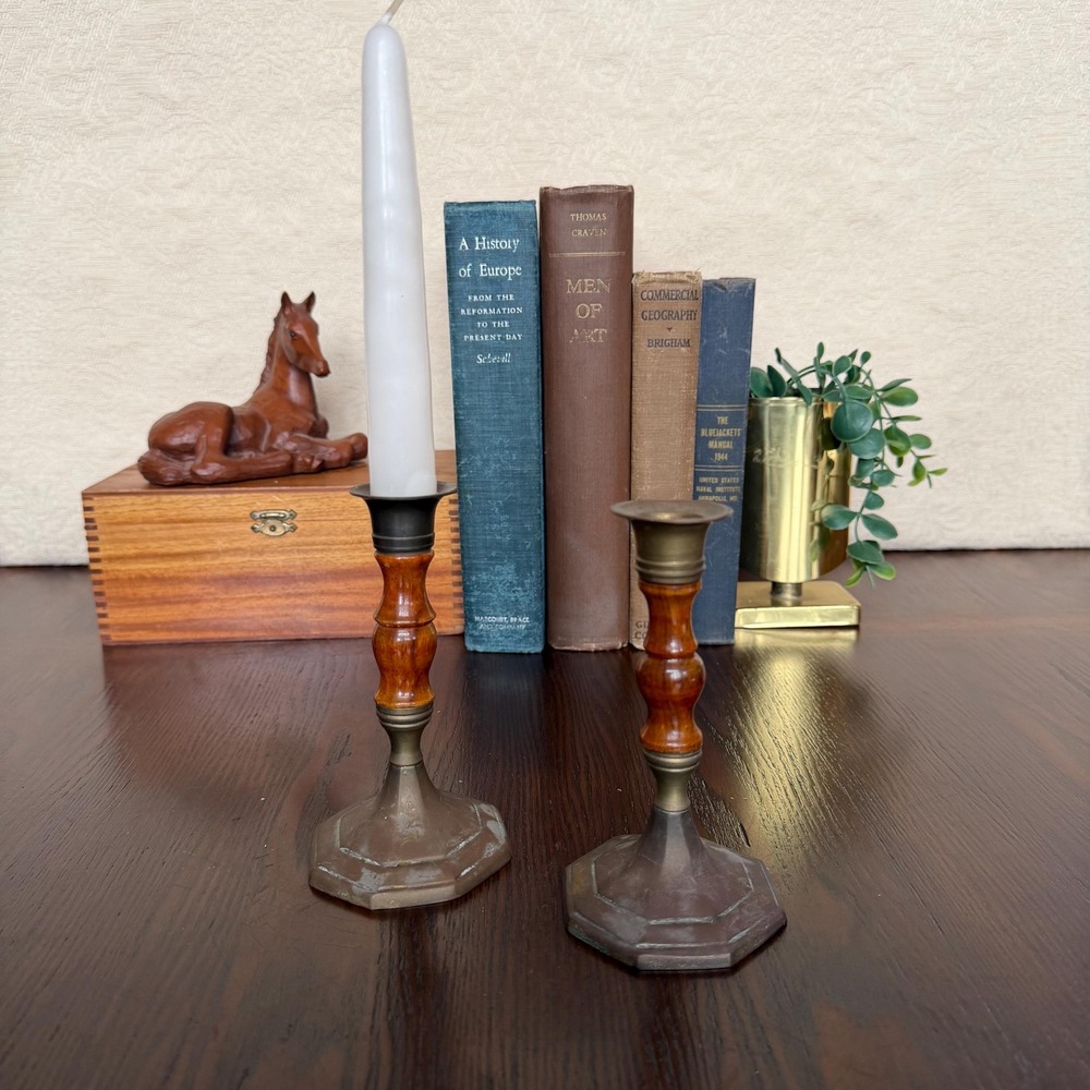 Vintage Brass & Wood Candlesticks Pair